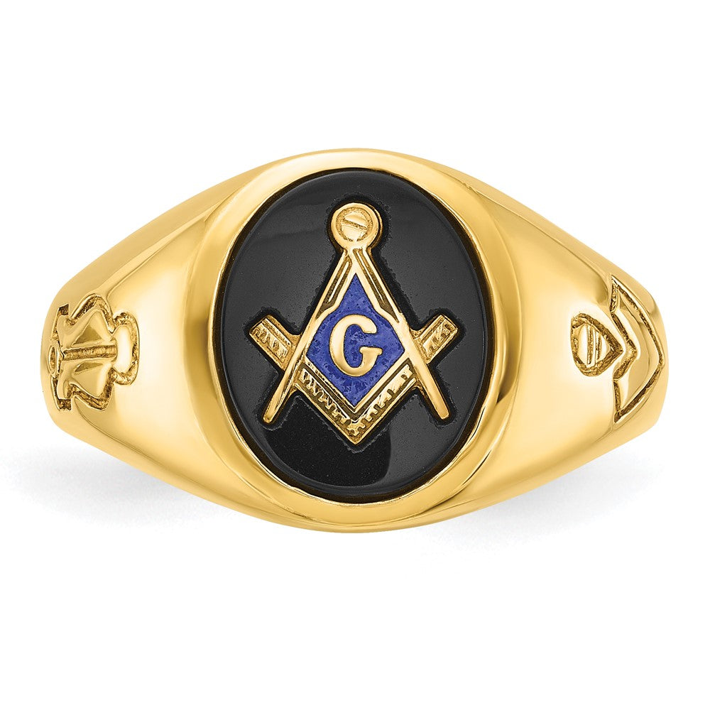 14K Gelbgold Herrenring, poliert und geriffelt, mit ovalem Onyx, blaue Freimaurerloge Meister-Ring