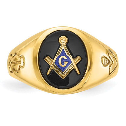 14K Gelbgold Herrenring, poliert und geriffelt, mit ovalem Onyx, blaue Freimaurerloge Meister-Ring