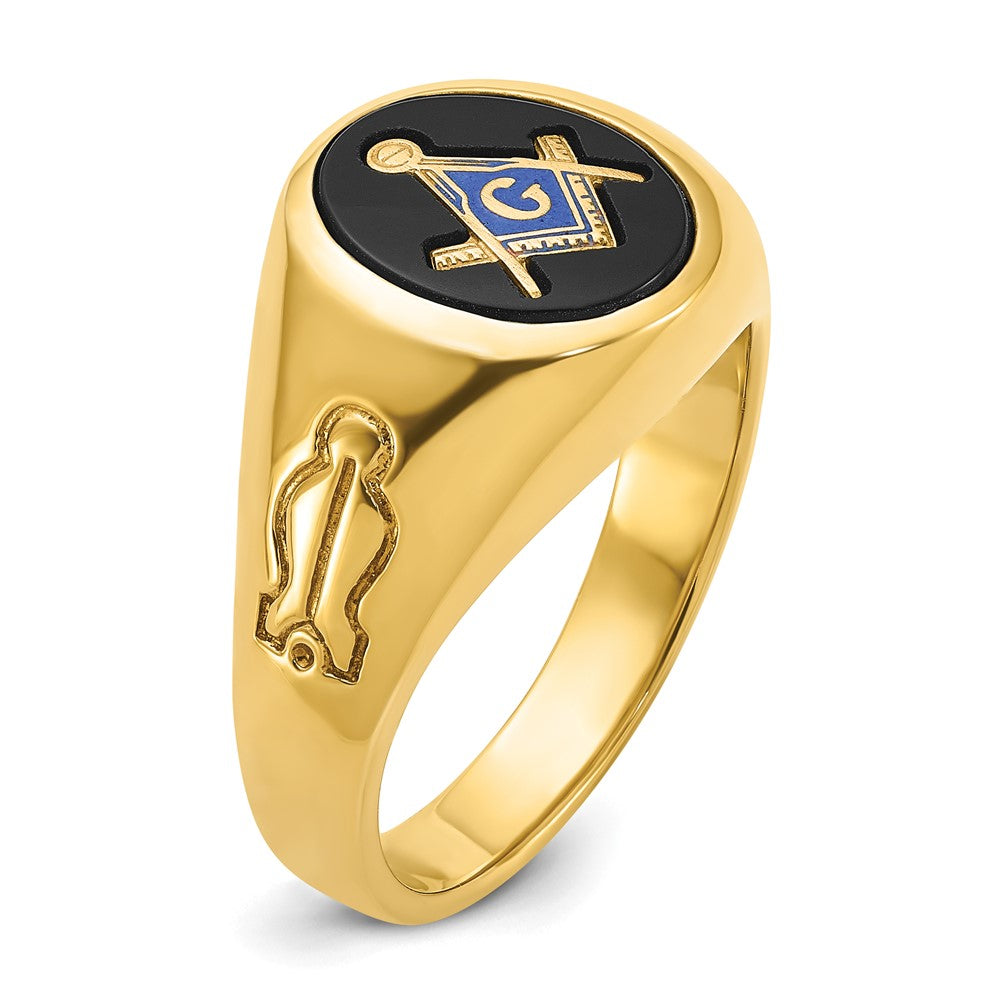 14K Gelbgold Herrenring, poliert und geriffelt, mit ovalem Onyx, blaue Freimaurerloge Meister-Ring