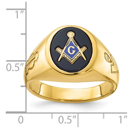 14K Gelbgold Herrenring, poliert und geriffelt, mit ovalem Onyx, blaue Freimaurerloge Meister-Ring