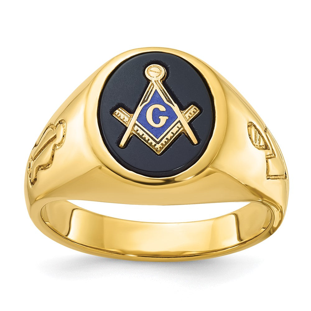 14K Gelbgold Herrenring, poliert und geriffelt, mit ovalem Onyx, blaue Freimaurerloge Meister-Ring