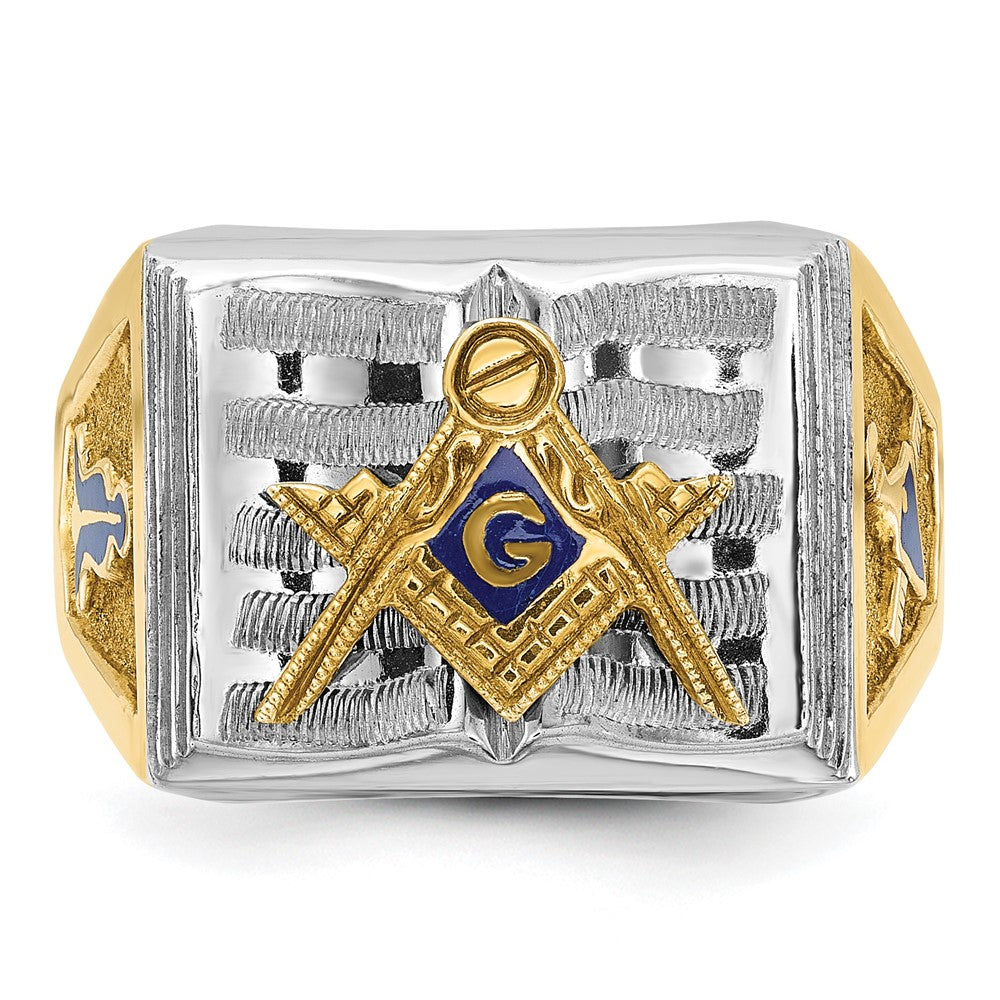 10K Bicolor Ibgoodman Herren Poliert und Strukturiert mit Blau Emaille Lodge Master Freimaurer Ring