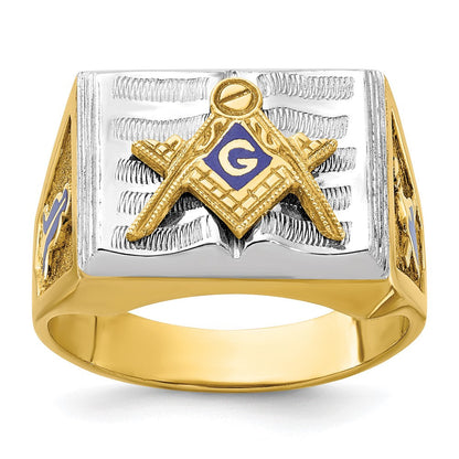 10K Bicolor Ibgoodman Herren Poliert und Strukturiert mit Blau Emaille Lodge Master Freimaurer Ring