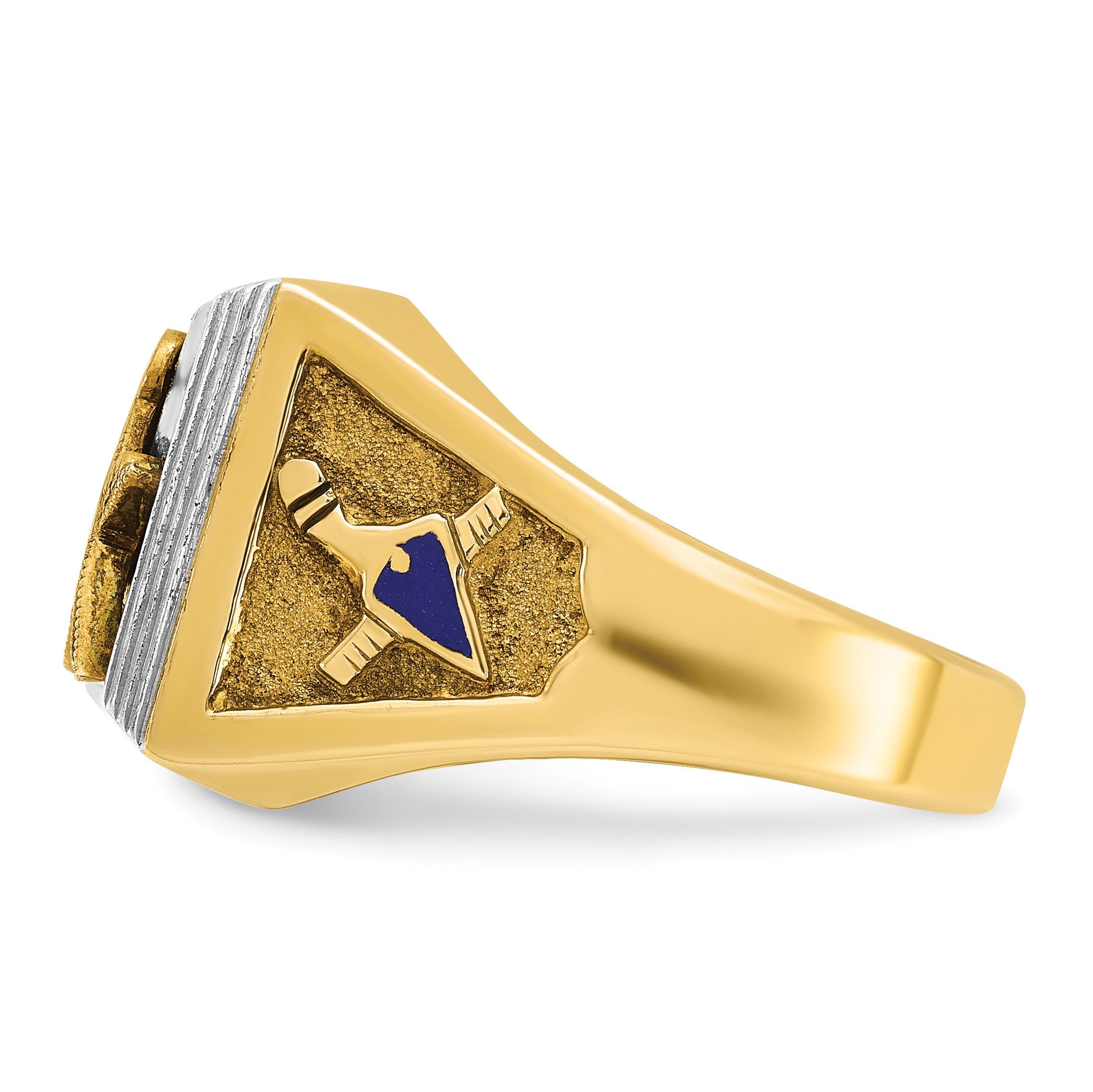 14K Bicolor Herrenring, poliert und texturiert, mit blauer Emaille, Blue Lodge Master Freimaurer-Ring