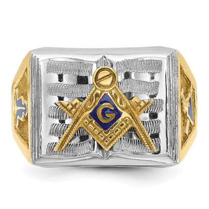 14K Bicolor Herrenring, poliert und texturiert, mit blauer Emaille, Blue Lodge Master Freimaurer-Ring