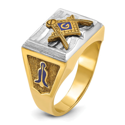14K Bicolor Herrenring, poliert und texturiert, mit blauer Emaille, Blue Lodge Master Freimaurer-Ring