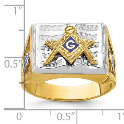 14K Bicolor Herrenring, poliert und texturiert, mit blauer Emaille, Blue Lodge Master Freimaurer-Ring
