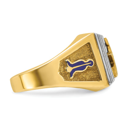 14K Bicolor Herrenring, poliert und texturiert, mit blauer Emaille, Blue Lodge Master Freimaurer-Ring