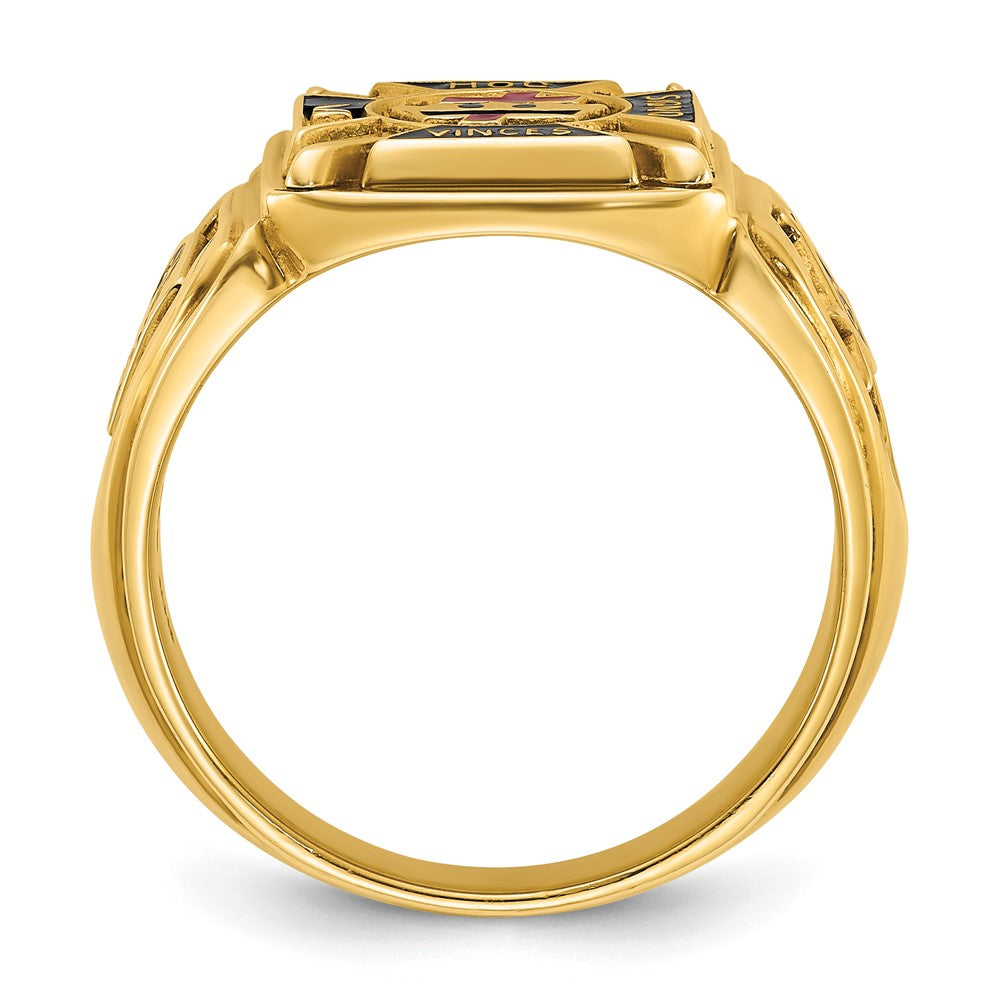 14K Gelbgold Herren-Ring, poliert und texturiert, mit mehrfarbiger Emaille, Ritter-Templer-Freimaurer-Motiv