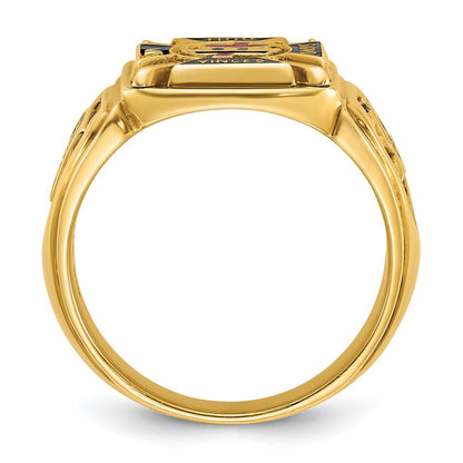 14K Gelbgold Herren-Ring, poliert und texturiert, mit mehrfarbiger Emaille, Ritter-Templer-Freimaurer-Motiv