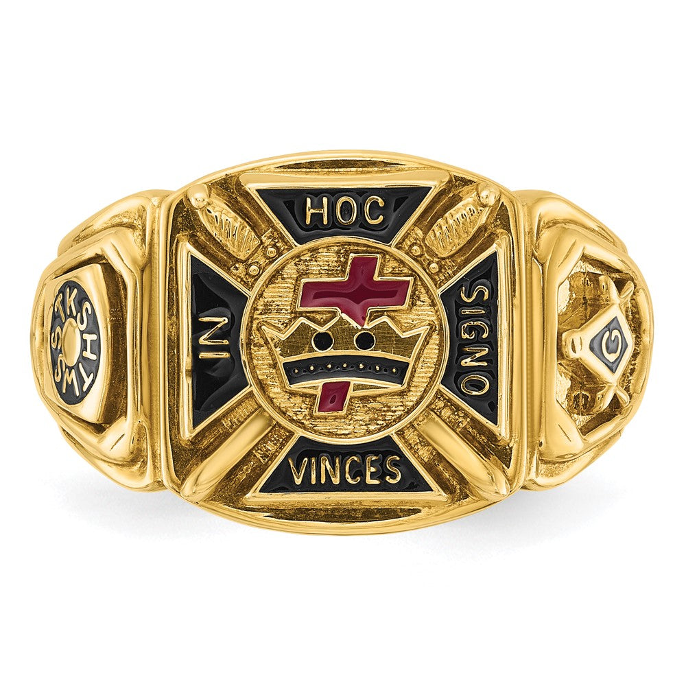 14K Gelbgold Herren-Ring, poliert und texturiert, mit mehrfarbiger Emaille, Ritter-Templer-Freimaurer-Motiv