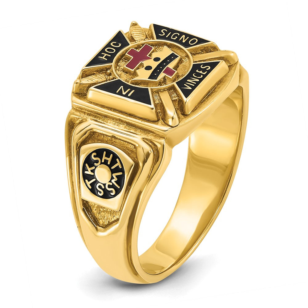 14K Gelbgold Herren-Ring, poliert und texturiert, mit mehrfarbiger Emaille, Ritter-Templer-Freimaurer-Motiv