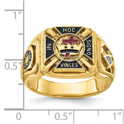 14K Gelbgold Herren-Ring, poliert und texturiert, mit mehrfarbiger Emaille, Ritter-Templer-Freimaurer-Motiv