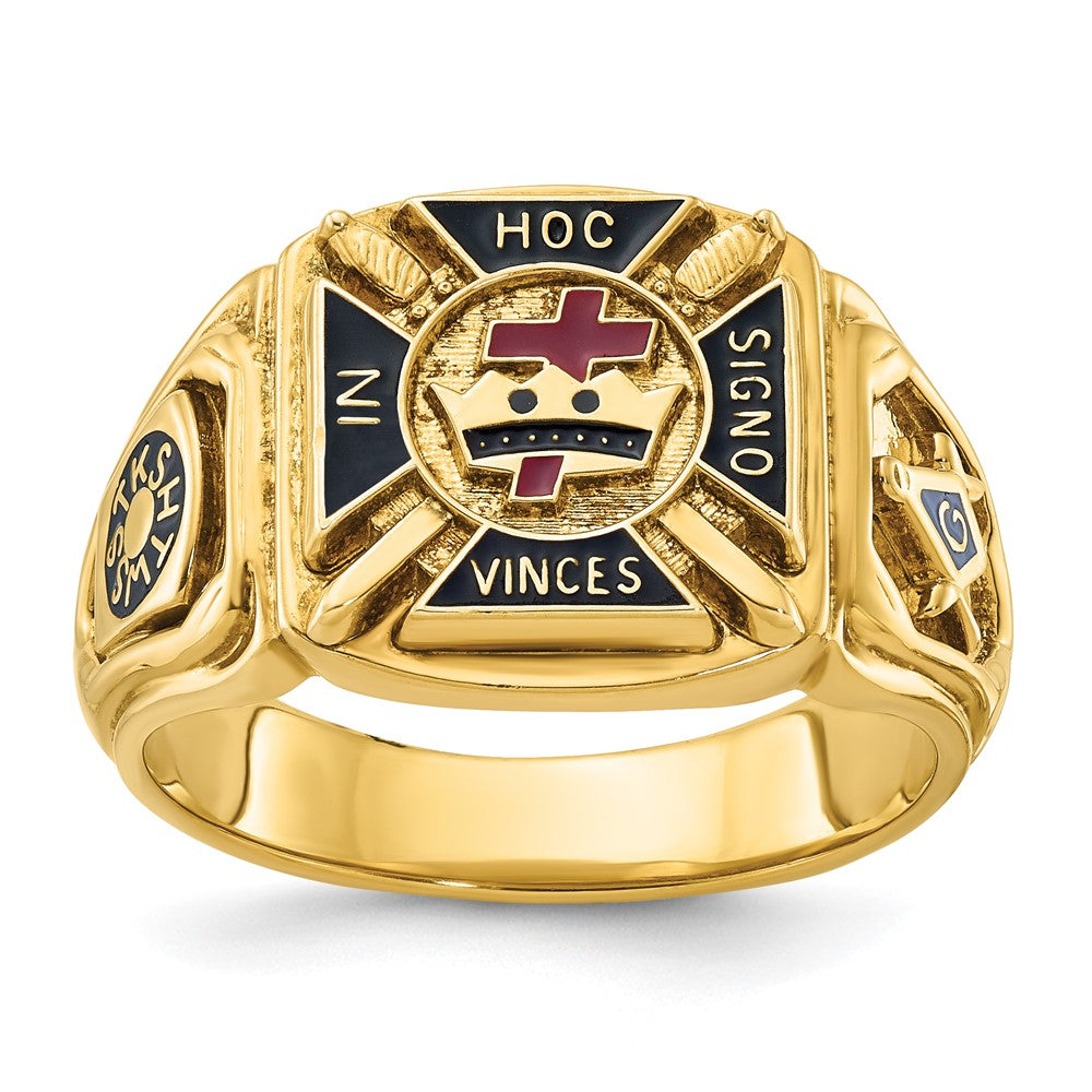 14K Gelbgold Herren-Ring, poliert und texturiert, mit mehrfarbiger Emaille, Ritter-Templer-Freimaurer-Motiv