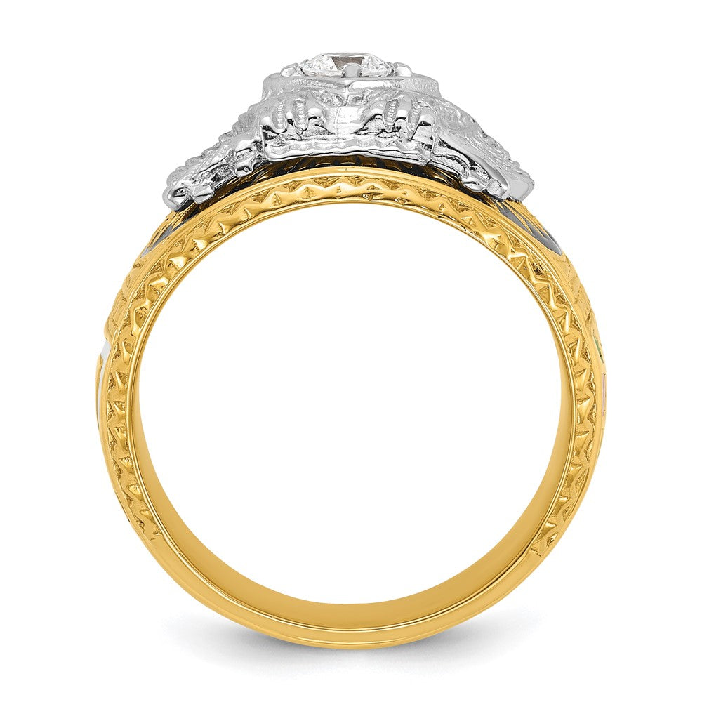 14K Zweifarbig-Gold Herren-Freimaurerring, poliert und texturiert, mit mehrfarbigem Emaille und Diamant, 32. Grad Schottischer Ritus