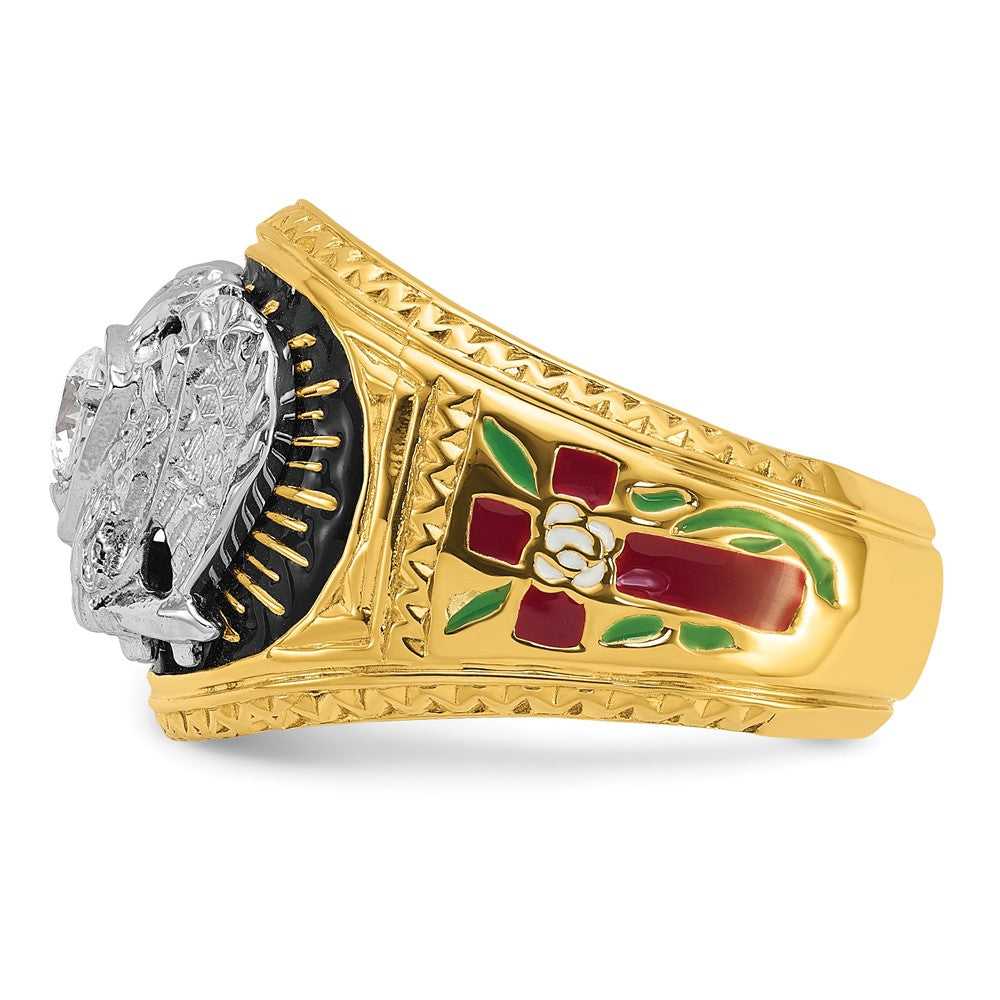 14K Zweifarbig-Gold Herren-Freimaurerring, poliert und texturiert, mit mehrfarbigem Emaille und Diamant, 32. Grad Schottischer Ritus
