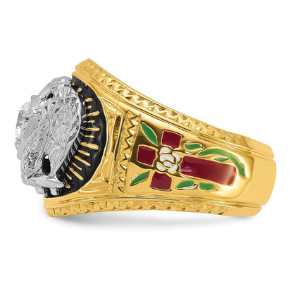 14K Zweifarbig-Gold Herren-Freimaurerring, poliert und texturiert, mit mehrfarbigem Emaille und Diamant, 32. Grad Schottischer Ritus