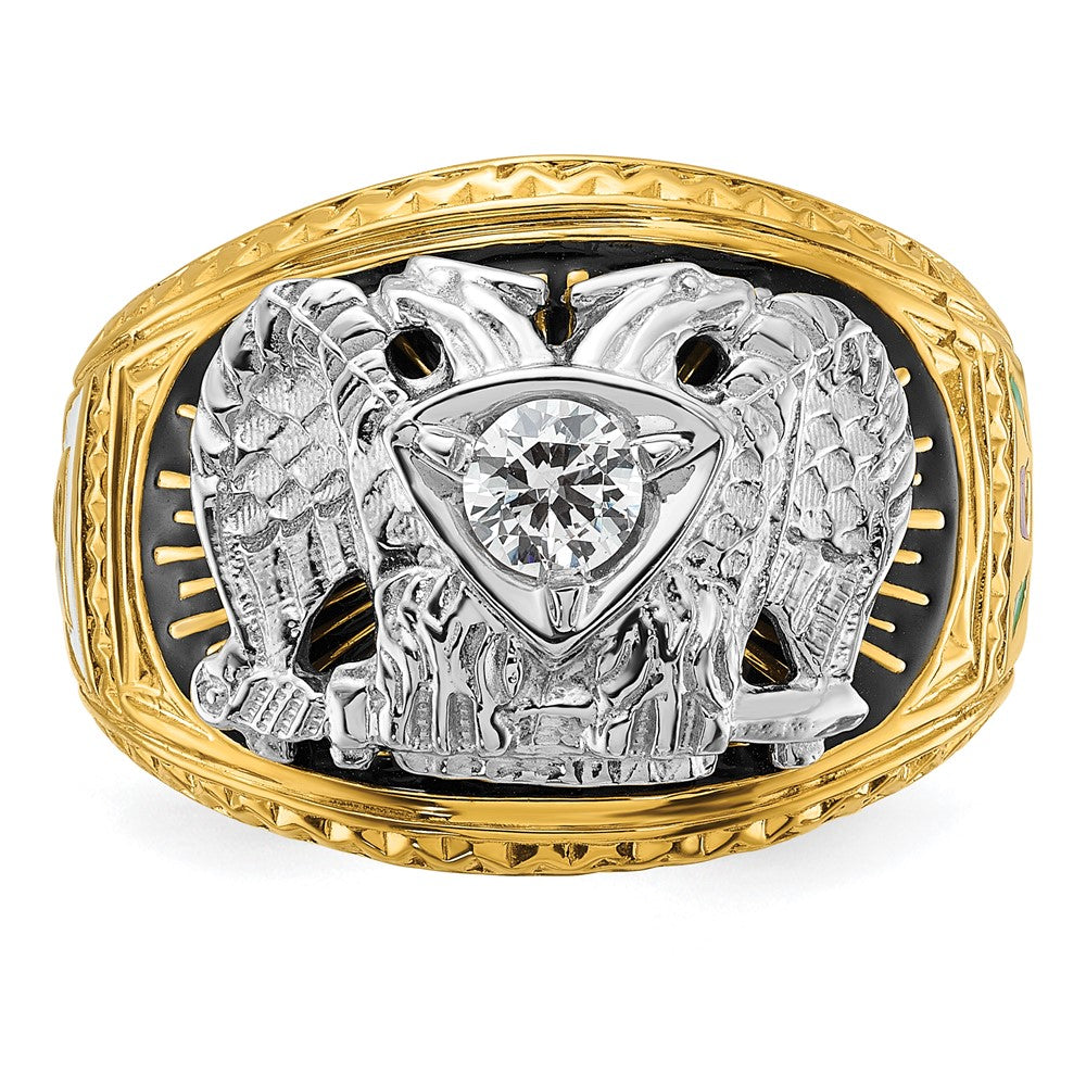 14K Zweifarbig-Gold Herren-Freimaurerring, poliert und texturiert, mit mehrfarbigem Emaille und Diamant, 32. Grad Schottischer Ritus