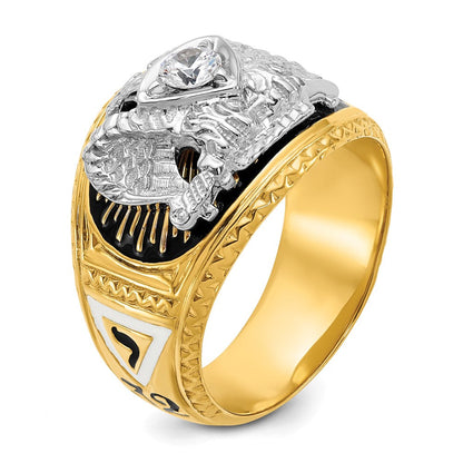 14K Zweifarbig-Gold Herren-Freimaurerring, poliert und texturiert, mit mehrfarbigem Emaille und Diamant, 32. Grad Schottischer Ritus