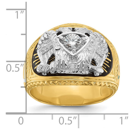 14K Zweifarbig-Gold Herren-Freimaurerring, poliert und texturiert, mit mehrfarbigem Emaille und Diamant, 32. Grad Schottischer Ritus