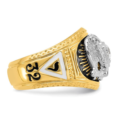 14K Zweifarbig-Gold Herren-Freimaurerring, poliert und texturiert, mit mehrfarbigem Emaille und Diamant, 32. Grad Schottischer Ritus