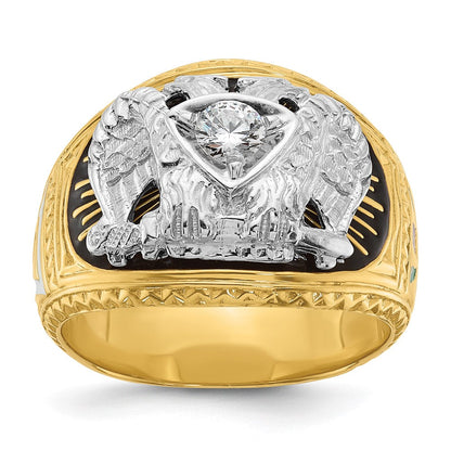 14K Zweifarbig-Gold Herren-Freimaurerring, poliert und texturiert, mit mehrfarbigem Emaille und Diamant, 32. Grad Schottischer Ritus