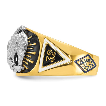 14K Bicolor-Gold Herrenring, poliert und texturiert, mit mehrfarbigem Emaille und Diamant, Freimaurer-Ring 32. Grad Schottischer Ritus