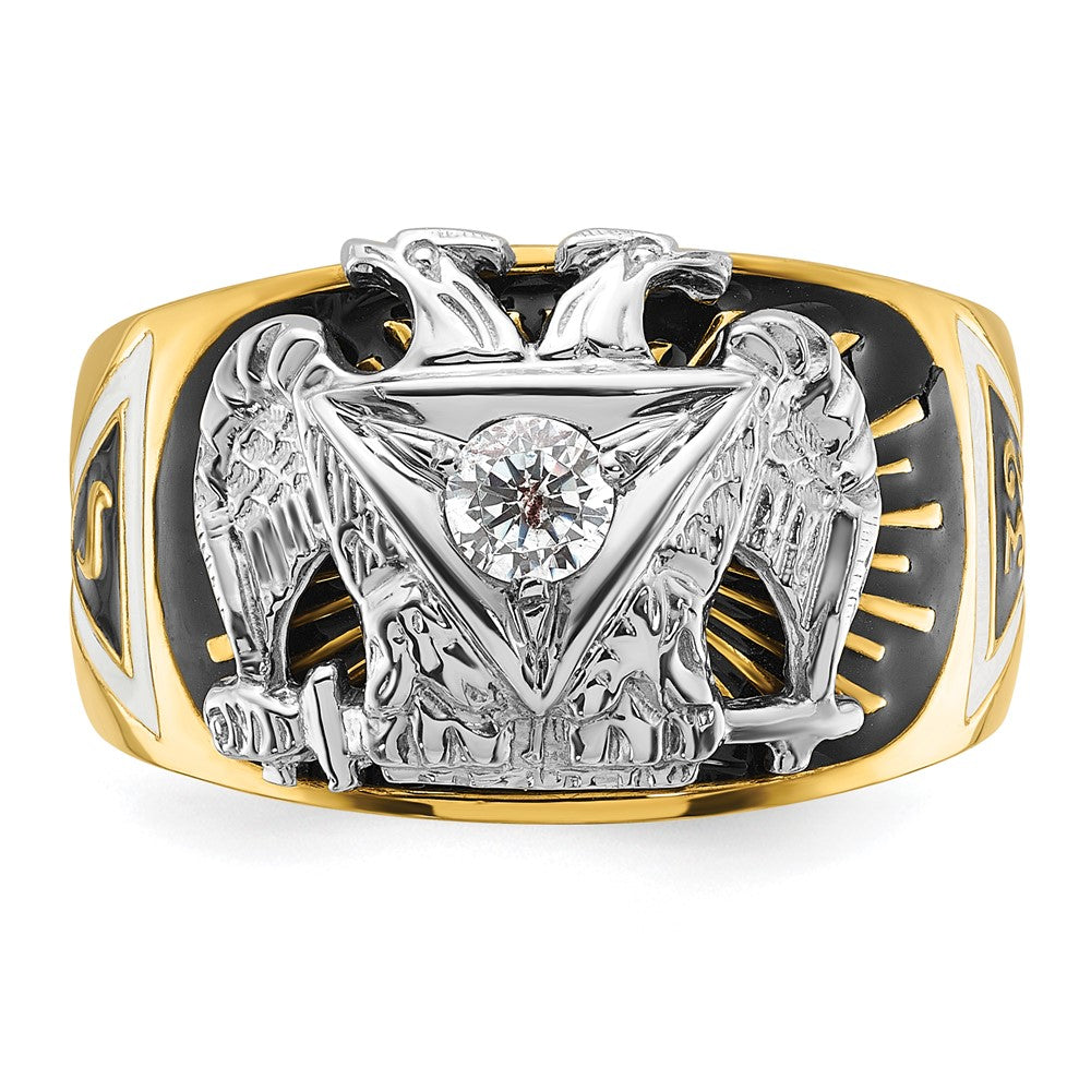 14K Bicolor-Gold Herrenring, poliert und texturiert, mit mehrfarbigem Emaille und Diamant, Freimaurer-Ring 32. Grad Schottischer Ritus