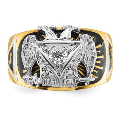 14K Bicolor-Gold Herrenring, poliert und texturiert, mit mehrfarbigem Emaille und Diamant, Freimaurer-Ring 32. Grad Schottischer Ritus