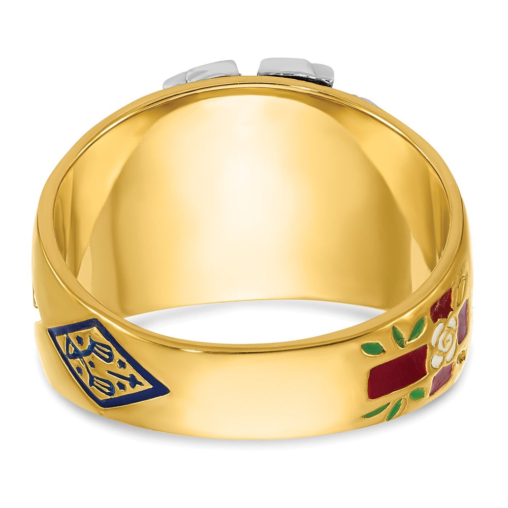 14K Bicolor-Gold Herrenring, poliert und texturiert, mit mehrfarbigem Emaille und Diamant, Freimaurer-Ring 32. Grad Schottischer Ritus