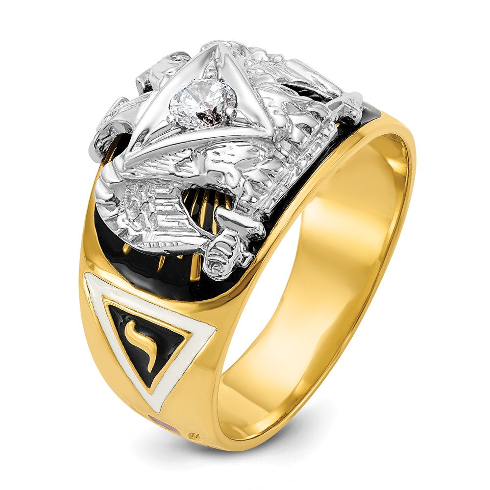 14K Bicolor-Gold Herrenring, poliert und texturiert, mit mehrfarbigem Emaille und Diamant, Freimaurer-Ring 32. Grad Schottischer Ritus