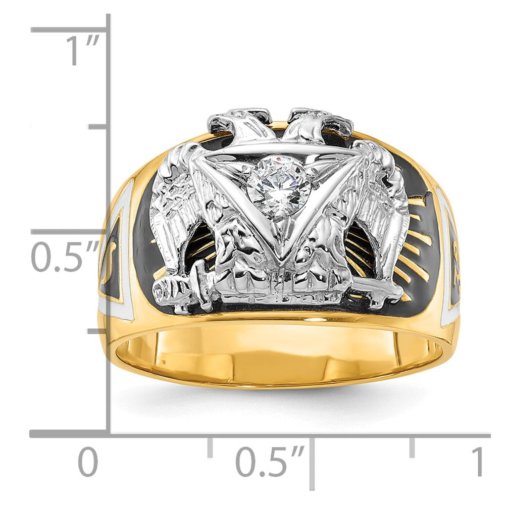14K Bicolor-Gold Herrenring, poliert und texturiert, mit mehrfarbigem Emaille und Diamant, Freimaurer-Ring 32. Grad Schottischer Ritus