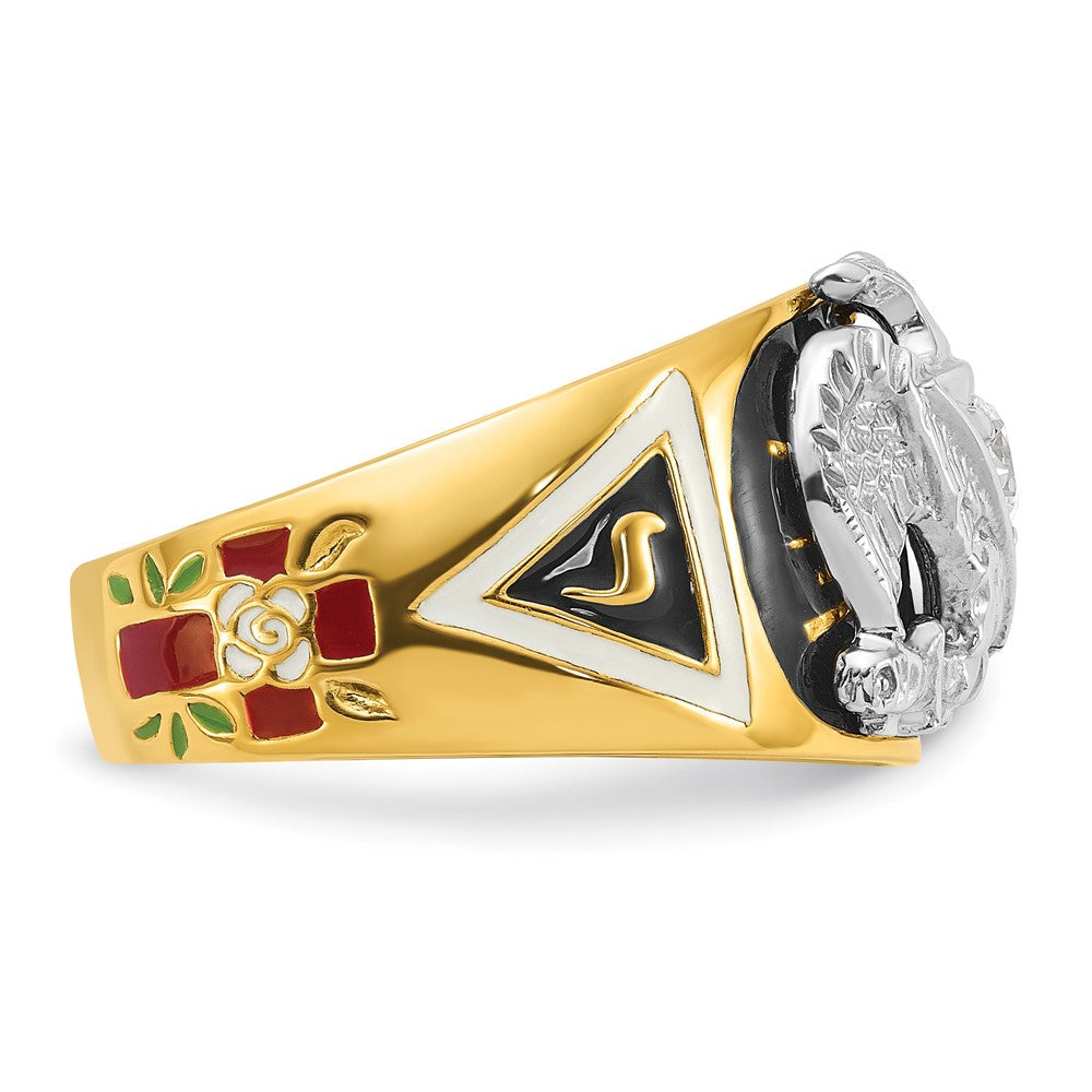 14K Bicolor-Gold Herrenring, poliert und texturiert, mit mehrfarbigem Emaille und Diamant, Freimaurer-Ring 32. Grad Schottischer Ritus