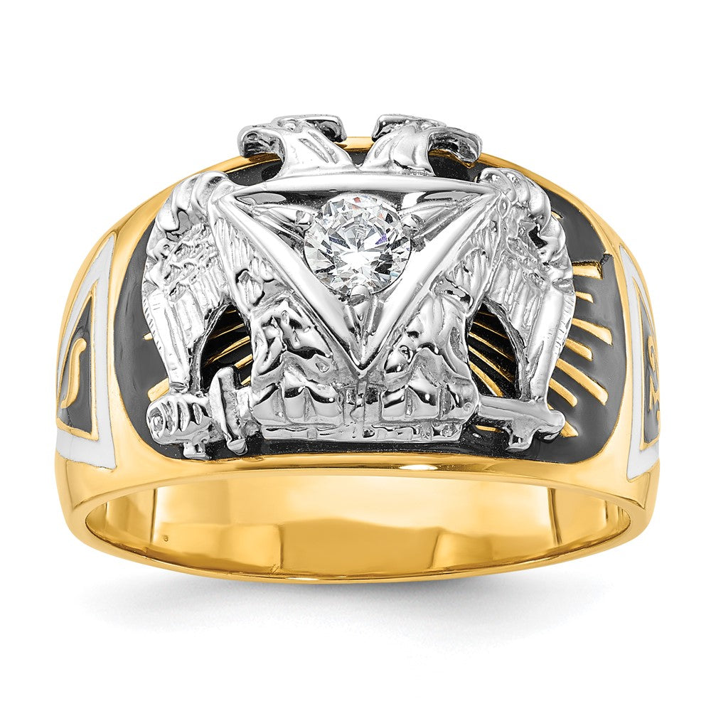 14K Bicolor-Gold Herrenring, poliert und texturiert, mit mehrfarbigem Emaille und Diamant, Freimaurer-Ring 32. Grad Schottischer Ritus