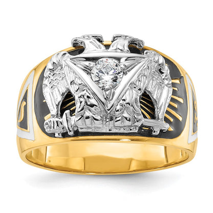 14K Bicolor-Gold Herrenring, poliert und texturiert, mit mehrfarbigem Emaille und Diamant, Freimaurer-Ring 32. Grad Schottischer Ritus