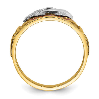14K Bicolor-Gold Herrenring, poliert und strukturiert, mit mehrfarbigem Emaille-Freimaurer-Shriner-Motiv