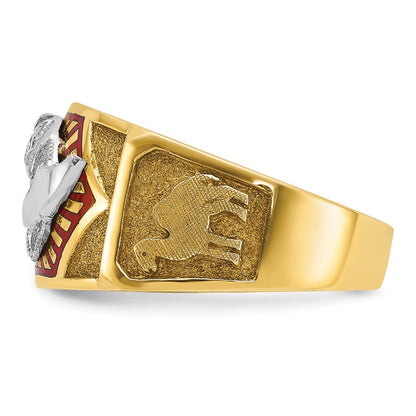 14K Bicolor-Gold Herrenring, poliert und strukturiert, mit mehrfarbigem Emaille-Freimaurer-Shriner-Motiv