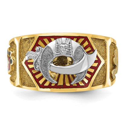 14K Bicolor-Gold Herrenring, poliert und strukturiert, mit mehrfarbigem Emaille-Freimaurer-Shriner-Motiv