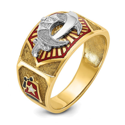 14K Bicolor-Gold Herrenring, poliert und strukturiert, mit mehrfarbigem Emaille-Freimaurer-Shriner-Motiv