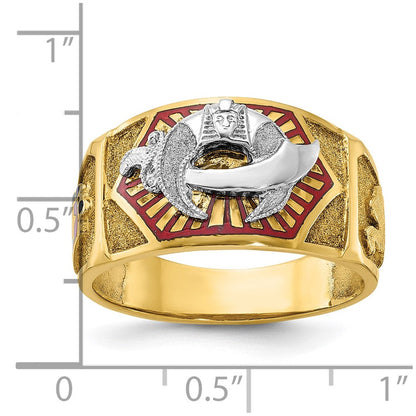 14K Bicolor-Gold Herrenring, poliert und strukturiert, mit mehrfarbigem Emaille-Freimaurer-Shriner-Motiv