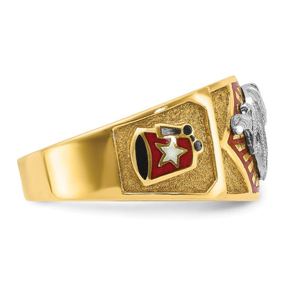 14K Bicolor-Gold Herrenring, poliert und strukturiert, mit mehrfarbigem Emaille-Freimaurer-Shriner-Motiv