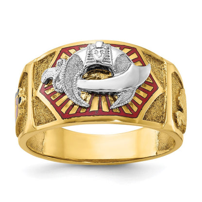 14K Bicolor-Gold Herrenring, poliert und strukturiert, mit mehrfarbigem Emaille-Freimaurer-Shriner-Motiv
