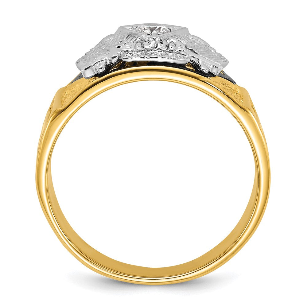 14K Bicolor-Gold Herrenring, poliert und texturiert, mit mehrfarbigem Emaille und Diamant, 32. Grad Schottischer Ritus Freimaurer-Siegelring