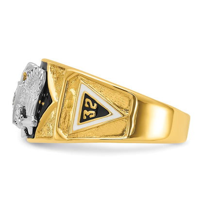 14K Bicolor-Gold Herrenring, poliert und texturiert, mit mehrfarbigem Emaille und Diamant, 32. Grad Schottischer Ritus Freimaurer-Siegelring