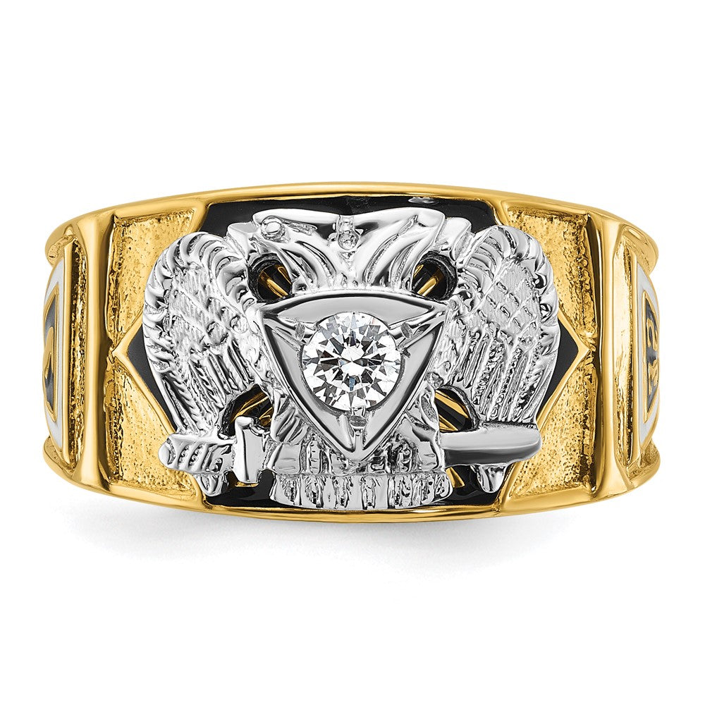 14K Bicolor-Gold Herrenring, poliert und texturiert, mit mehrfarbigem Emaille und Diamant, 32. Grad Schottischer Ritus Freimaurer-Siegelring