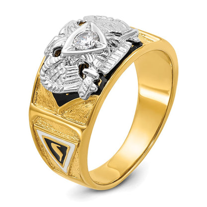 14K Bicolor-Gold Herrenring, poliert und texturiert, mit mehrfarbigem Emaille und Diamant, 32. Grad Schottischer Ritus Freimaurer-Siegelring