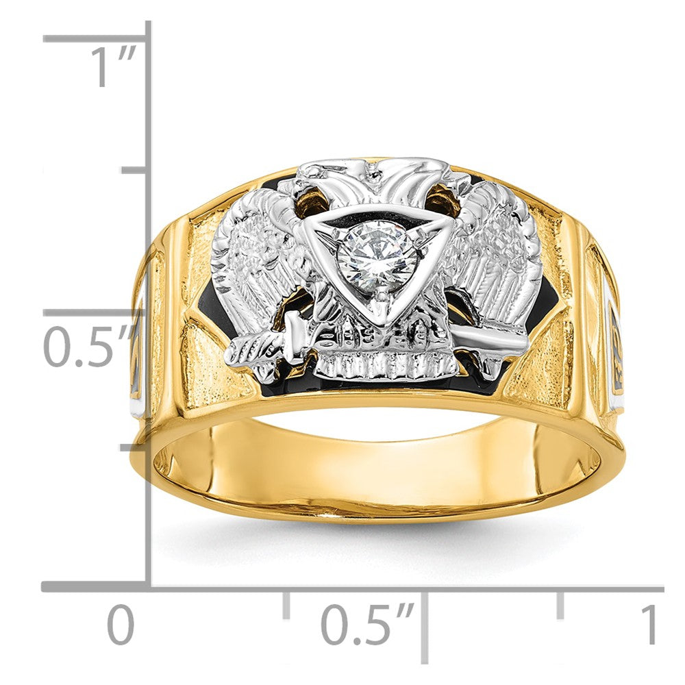 14K Bicolor-Gold Herrenring, poliert und texturiert, mit mehrfarbigem Emaille und Diamant, 32. Grad Schottischer Ritus Freimaurer-Siegelring
