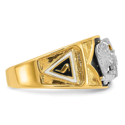 14K Bicolor-Gold Herrenring, poliert und texturiert, mit mehrfarbigem Emaille und Diamant, 32. Grad Schottischer Ritus Freimaurer-Siegelring
