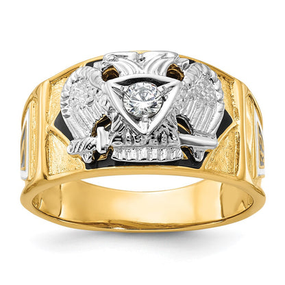 14K Bicolor-Gold Herrenring, poliert und texturiert, mit mehrfarbigem Emaille und Diamant, 32. Grad Schottischer Ritus Freimaurer-Siegelring