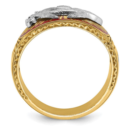 14K Bicolor-Gold Herrenring, poliert und strukturiert, mit mehrfarbigem Emaille, Freimaurer-Shriner-Design